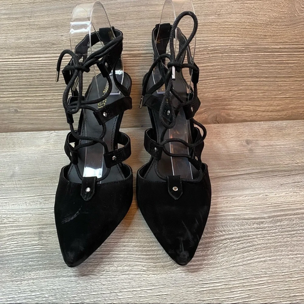 Black velvet pointy lace up heels
